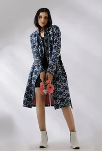 Aqua Blue Bagru Cotton Long Trench Coat image 1