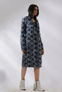 Aqua Blue Bagru Cotton Long Trench Coat image 2