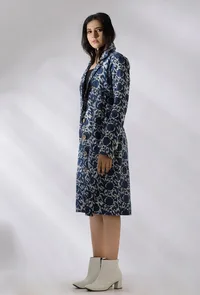 Aqua Blue Bagru Cotton Long Trench Coat image 3