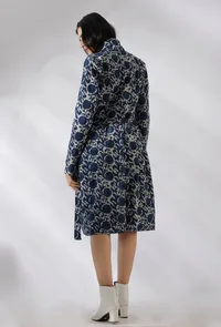 Aqua Blue Bagru Cotton Long Trench Coat image 4