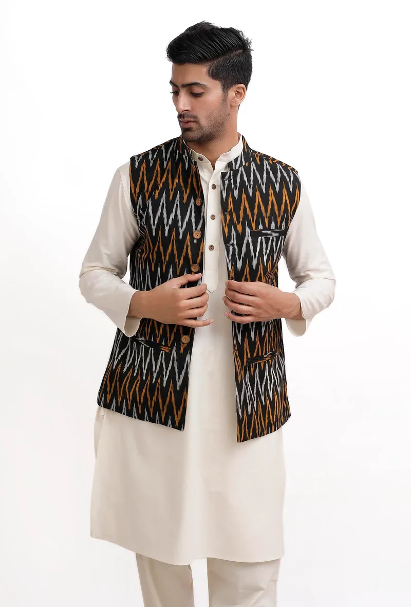 Black Ikat Nehru Jacket