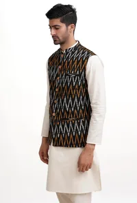Black Ikat Nehru Jacket image 3
