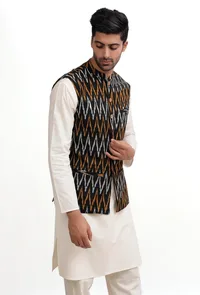Black Ikat Nehru Jacket image 4