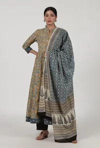Set Of 3: Ajrakh Printed Brown Cotton Anarkali, Pant & Dupatta Set image 1
