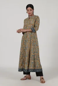 Set Of 3: Ajrakh Printed Brown Cotton Anarkali, Pant & Dupatta Set image 3