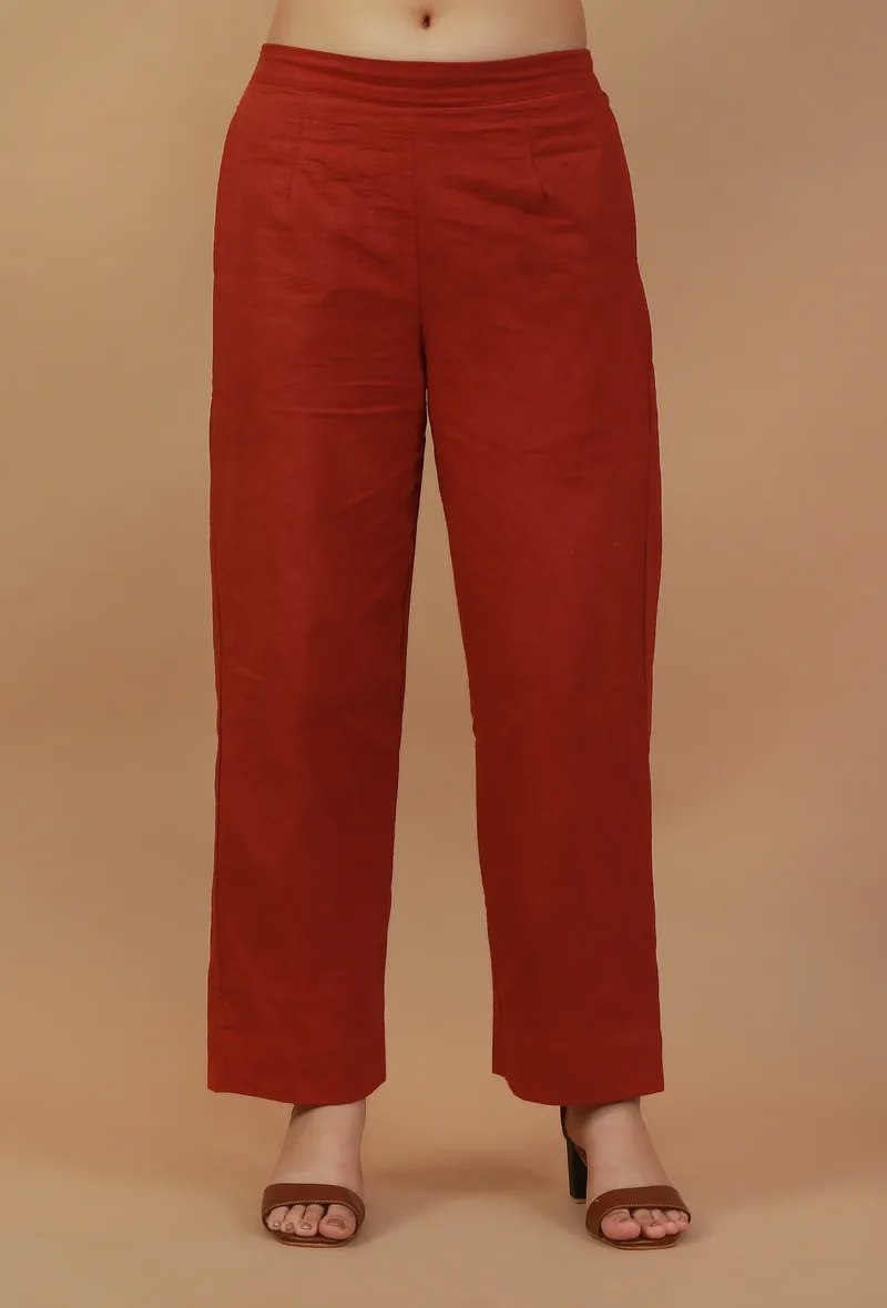 Rust Cotton Straight Pants