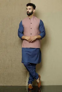 Set of 3:Ocean Blue Side Placket  Kurta and Pyjama with Muted Lavender Nehru Jacket image 1