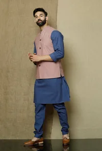Set of 3:Ocean Blue Side Placket  Kurta and Pyjama with Muted Lavender Nehru Jacket image 2
