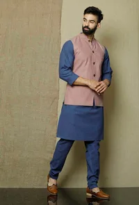 Set of 3:Ocean Blue Side Placket  Kurta and Pyjama with Muted Lavender Nehru Jacket image 3
