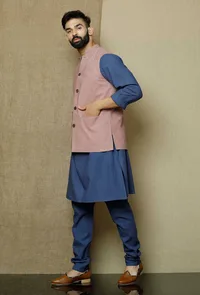 Set of 3:Ocean Blue Side Placket  Kurta and Pyjama with Muted Lavender Nehru Jacket image 4