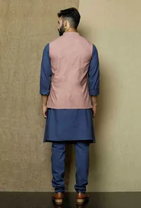 Set of 3:Ocean Blue Side Placket  Kurta and Pyjama with Muted Lavender Nehru Jacket image 5