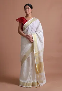 White Color Cotton Linen Saree With Unstitched Blouse image 2
