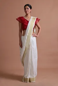 White Color Cotton Linen Saree With Unstitched Blouse image 3