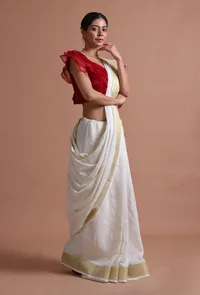 White Color Cotton Linen Saree With Unstitched Blouse image 4