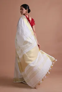 White Color Cotton Linen Saree With Unstitched Blouse image 5