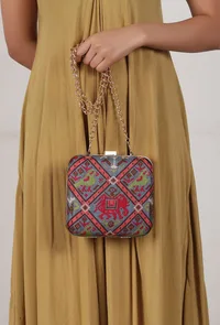 Panchhi Steel Blue & Coral Multi Patola Print Square Box Clutch image 1