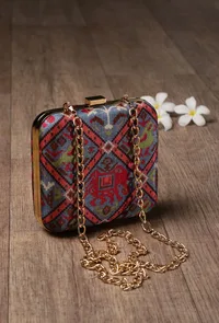 Panchhi Steel Blue & Coral Multi Patola Print Square Box Clutch image 2