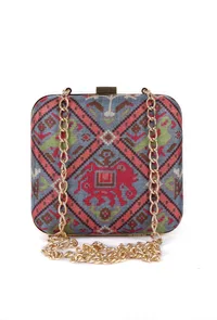 Panchhi Steel Blue & Coral Multi Patola Print Square Box Clutch image 3