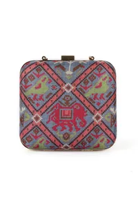 Panchhi Steel Blue & Coral Multi Patola Print Square Box Clutch image 4