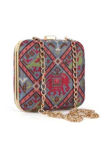 Panchhi Steel Blue & Coral Multi Patola Print Square Box Clutch image 5
