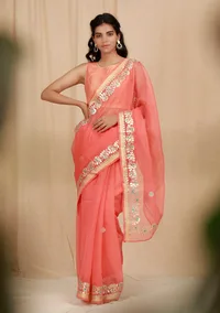 Set Of 2: Salmon Peach Kota Doria Cotton Saree With 
Embroidered Stitched Blouse image 1