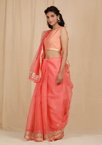 Set Of 2: Salmon Peach Kota Doria Cotton Saree With 
Embroidered Stitched Blouse image 2