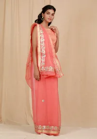 Set Of 2: Salmon Peach Kota Doria Cotton Saree With 
Embroidered Stitched Blouse image 3