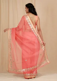 Set Of 2: Salmon Peach Kota Doria Cotton Saree With 
Embroidered Stitched Blouse image 4