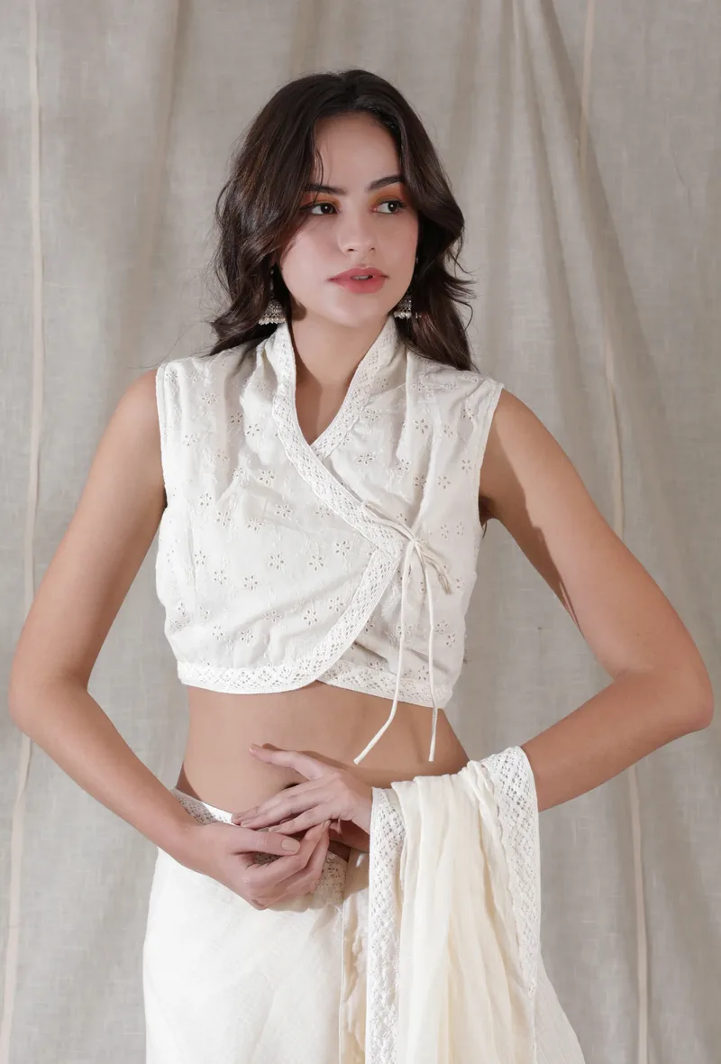 Off-white angrakha style lace detailed side tie-up cotton blouse