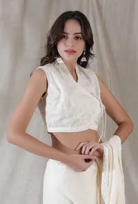 Off-white angrakha style lace detailed side tie-up cotton blouse image 3