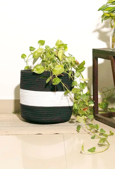 Black and White Cotton Jute Basket