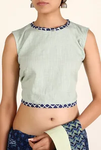 Pistachio Green Padded Cotton Blouse With Bagru Border image 1