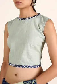 Pistachio Green Padded Cotton Blouse With Bagru Border image 2