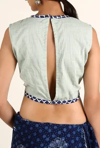 Pistachio Green Padded Cotton Blouse With Bagru Border image 3