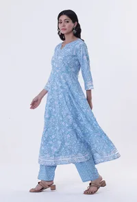 Set Of 2: Blue & White Cotton Block Printed Kurta & Pant image 3