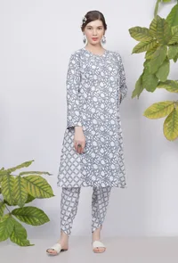 Powder Blue Floral Hand-Block Printed V-Neck A-Line Cotton kurta image 1