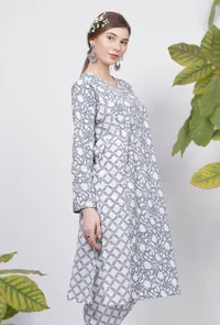 Powder Blue Floral Hand-Block Printed V-Neck A-Line Cotton kurta image 2
