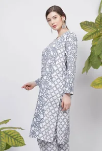 Powder Blue Floral Hand-Block Printed V-Neck A-Line Cotton kurta image 3