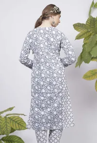 Powder Blue Floral Hand-Block Printed V-Neck A-Line Cotton kurta image 4