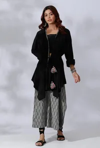 Black Asymmetrical Tie-Up Overlay With Ikkat Detailing image 1