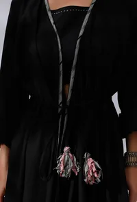 Black Asymmetrical Tie-Up Overlay With Ikkat Detailing image 6