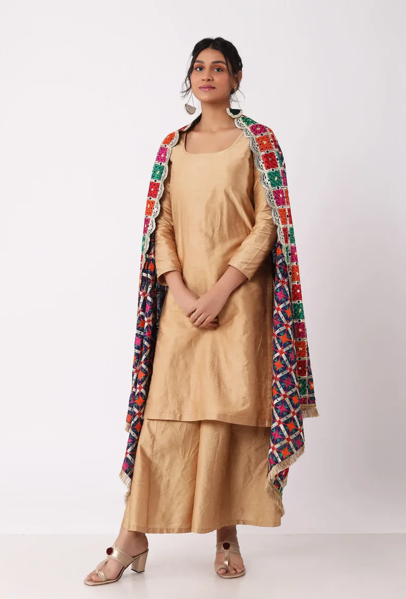 Neela allover embriodred phoolkari dupatta