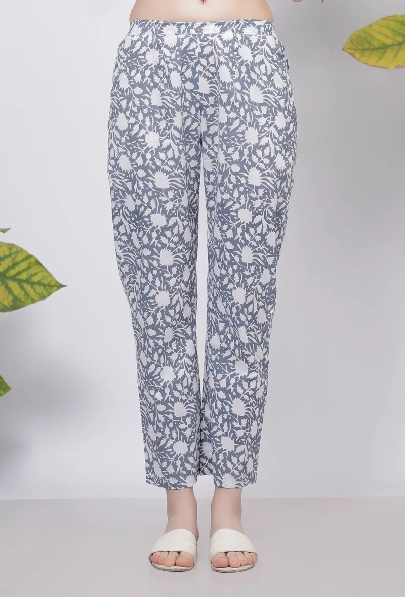 Powder Blue Floral Hand-Block Printed Cotton Pants