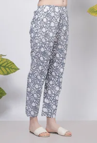 Powder Blue Floral Hand-Block Printed Cotton Pants image 2