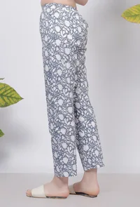 Powder Blue Floral Hand-Block Printed Cotton Pants image 3