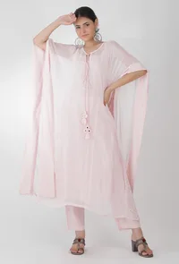 Set Of 3-Blush Pink Mirror Georgette Kaftan With Blush Pink Plain Georgette Kurta And Blush Pink Georgette  Pants image 1