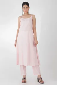 Set Of 3-Blush Pink Mirror Georgette Kaftan With Blush Pink Plain Georgette Kurta And Blush Pink Georgette  Pants image 2