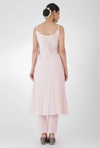 Set Of 3-Blush Pink Mirror Georgette Kaftan With Blush Pink Plain Georgette Kurta And Blush Pink Georgette  Pants image 3