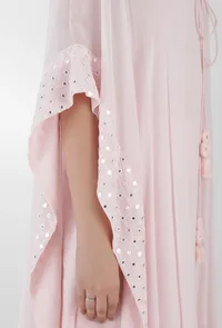 Set Of 3-Blush Pink Mirror Georgette Kaftan With Blush Pink Plain Georgette Kurta And Blush Pink Georgette  Pants image 6