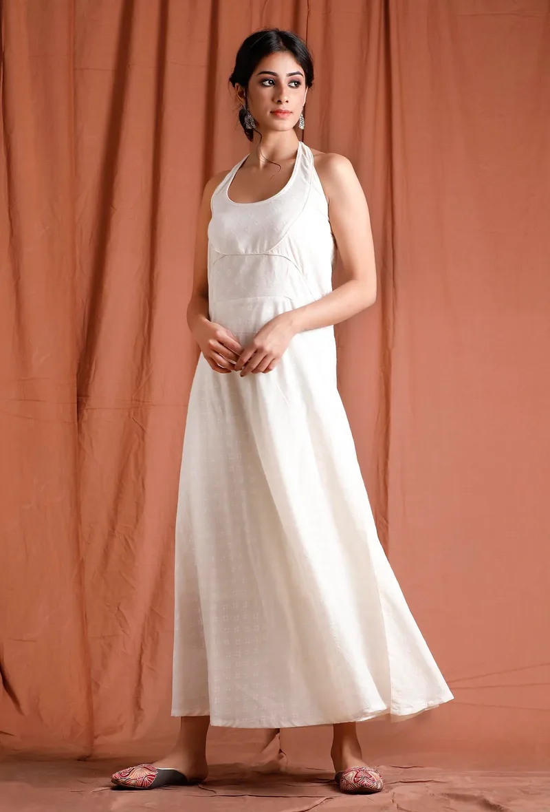 Off White Halter Neck Cotton Dress